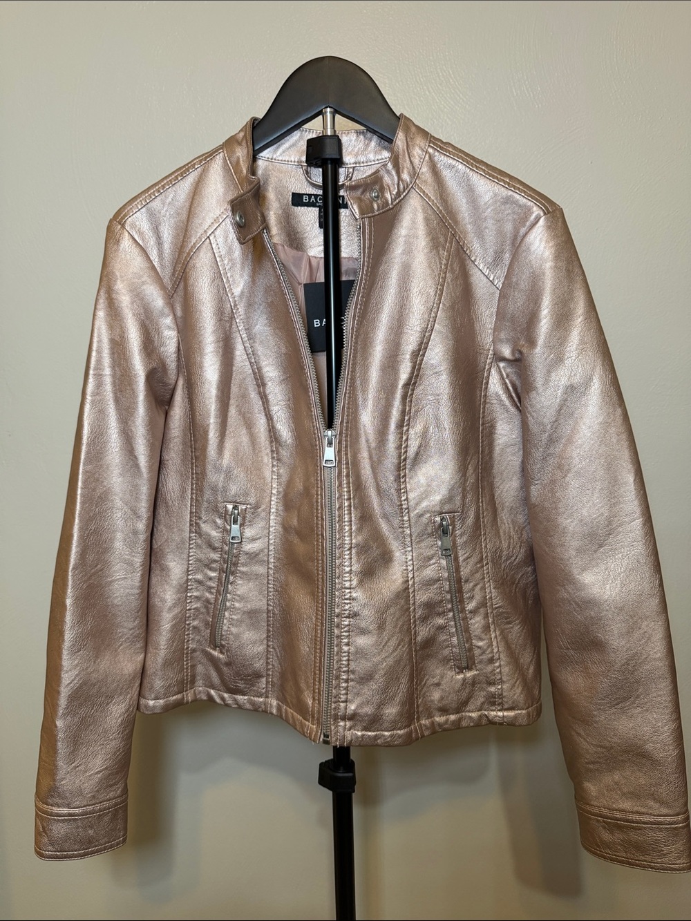 Baccini Metallic Taupe Faux Leather Zip-Front Jacket